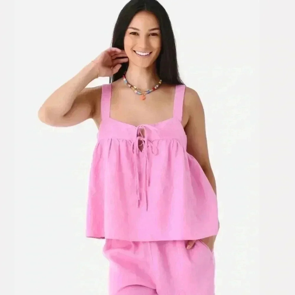 XiRENA Kyra Pink Tank Linen Top Large Summer Lagenlook Boho Barbie Top Babydoll